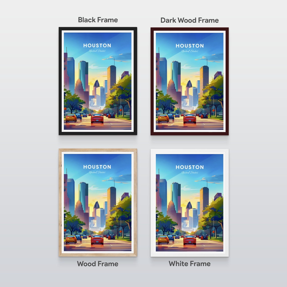 Houston Texas Downtown Street and Towers in Golden Sunset Poster - Image 2