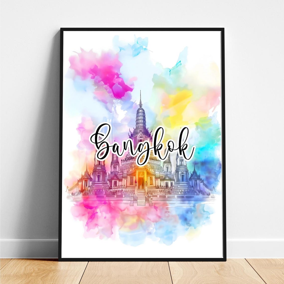 Bangkok Temple Complex Watercolor Script Lettering Travel Poster