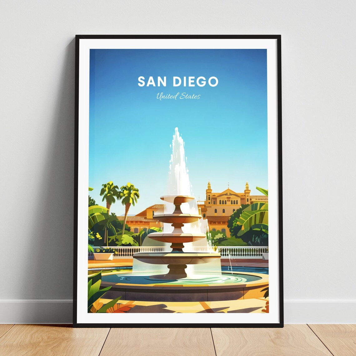 San Diego California Spanish Fountain Garden Plaza Travel Poster
