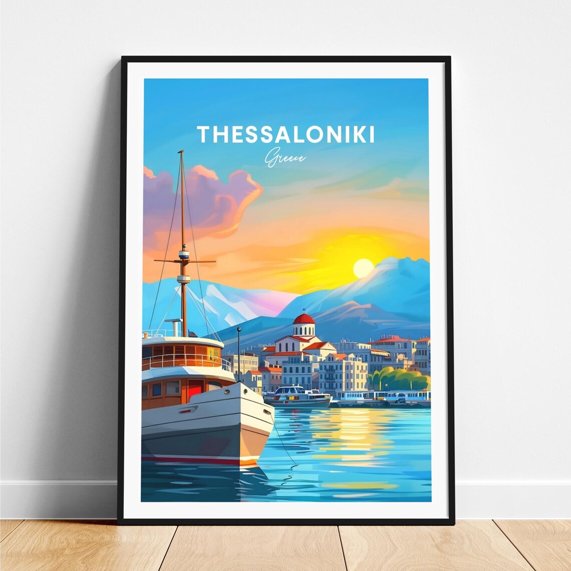 Thessaloniki Golden Harbor Sunset Ship Aegean Coast Travel Poster
