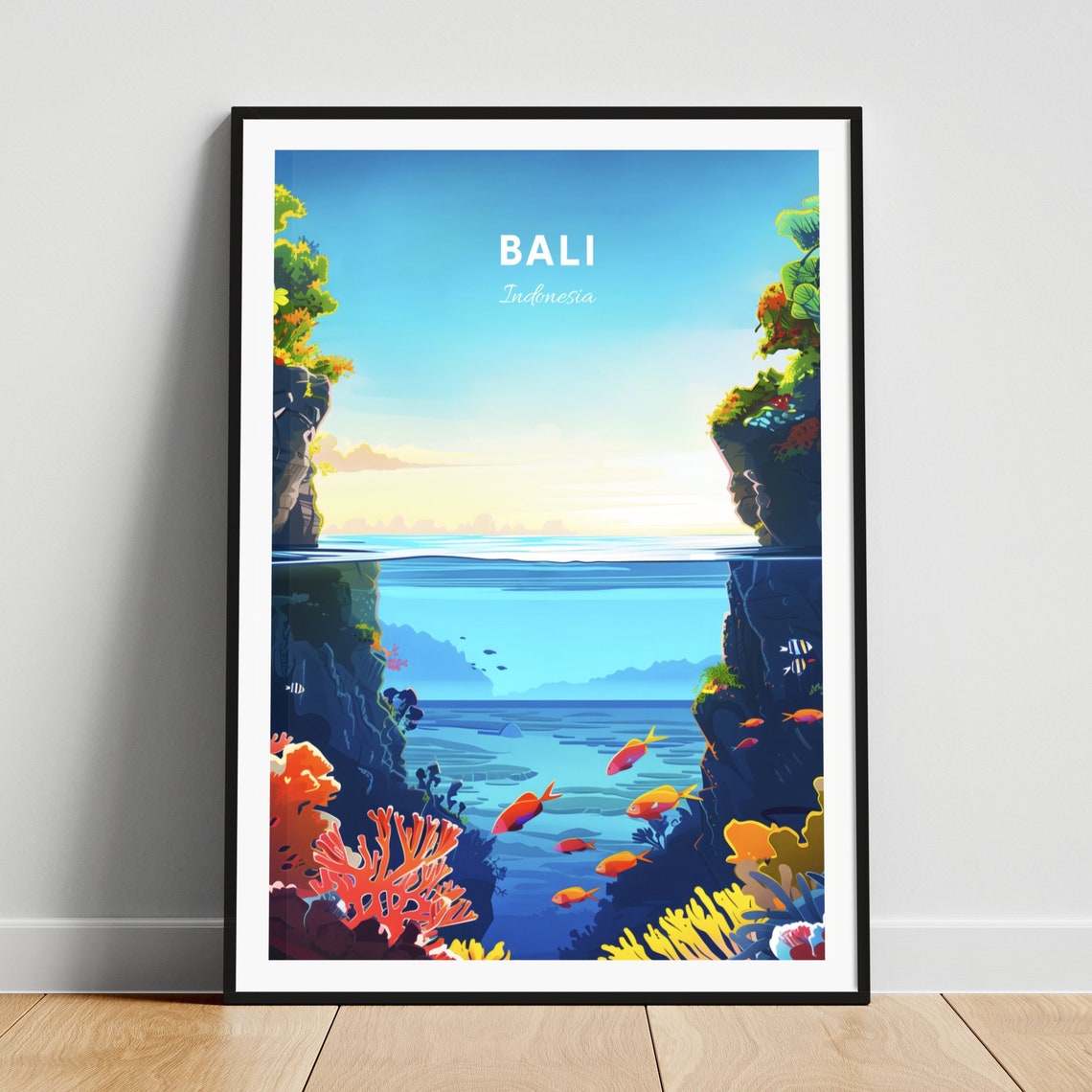 Bali Indonesia Coral Reef Split View Ocean Life Underwater Poster