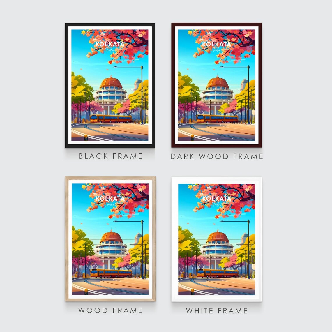 Kolkata India Domed Landmark Bus Blossom Trees Travel Poster - Image 3