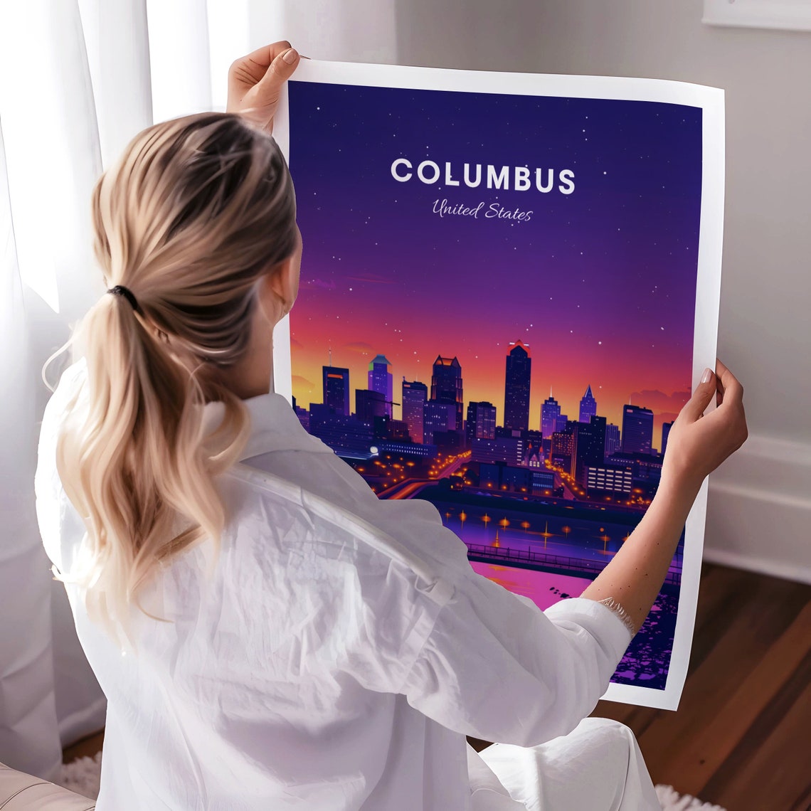 Columbus Ohio Night Skyline River Lights Starry Cityscape Poster - Image 3