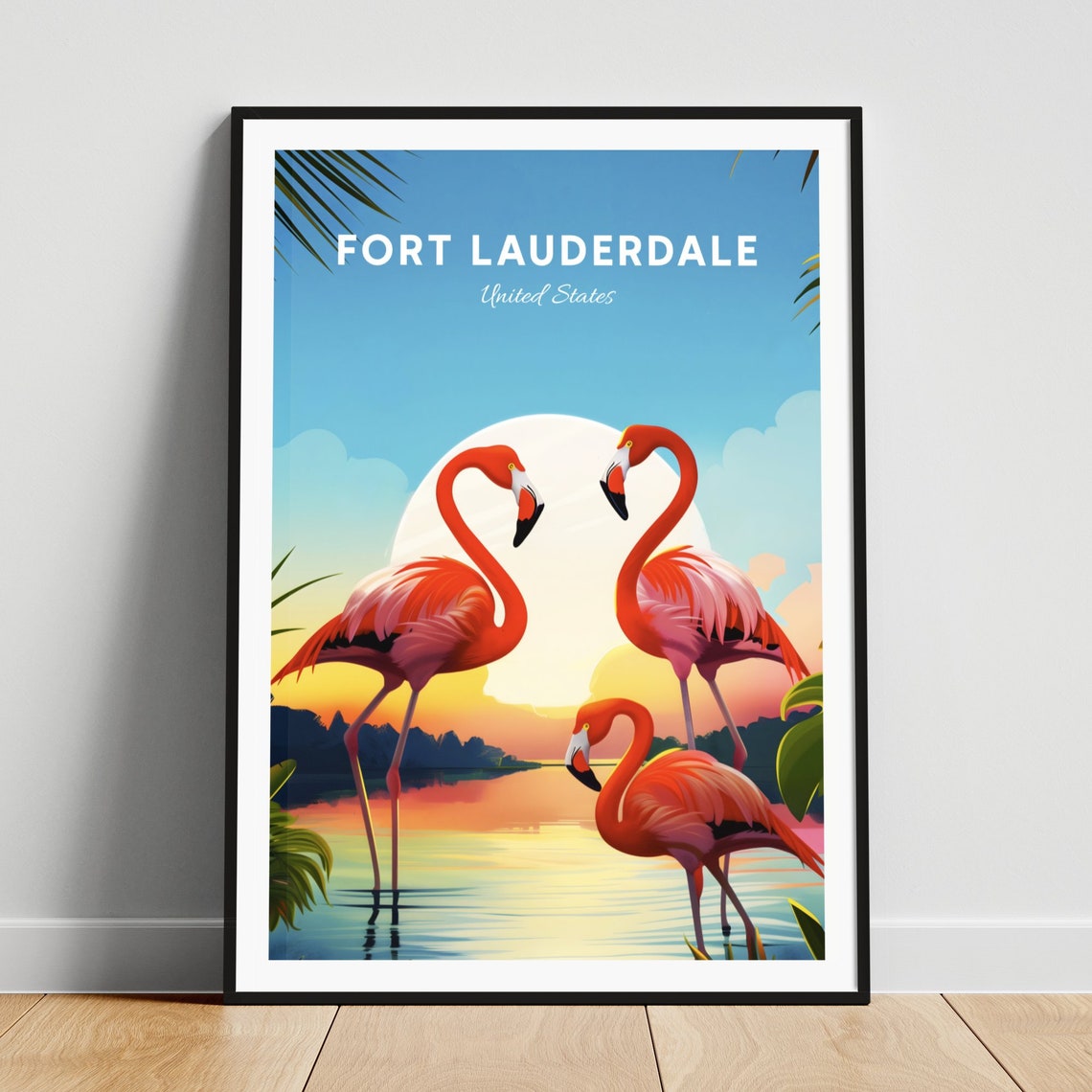Fort Lauderdale Florida Flamingos Sunset Tropical Lagoon Travel Poster