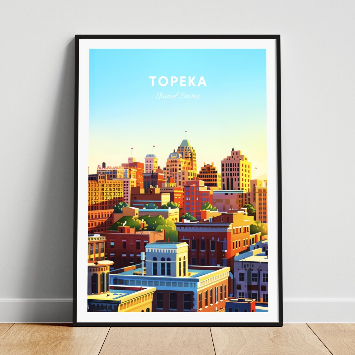 Topeka Kansas Golden Hour Downtown Skyline Vintage Travel Poster
