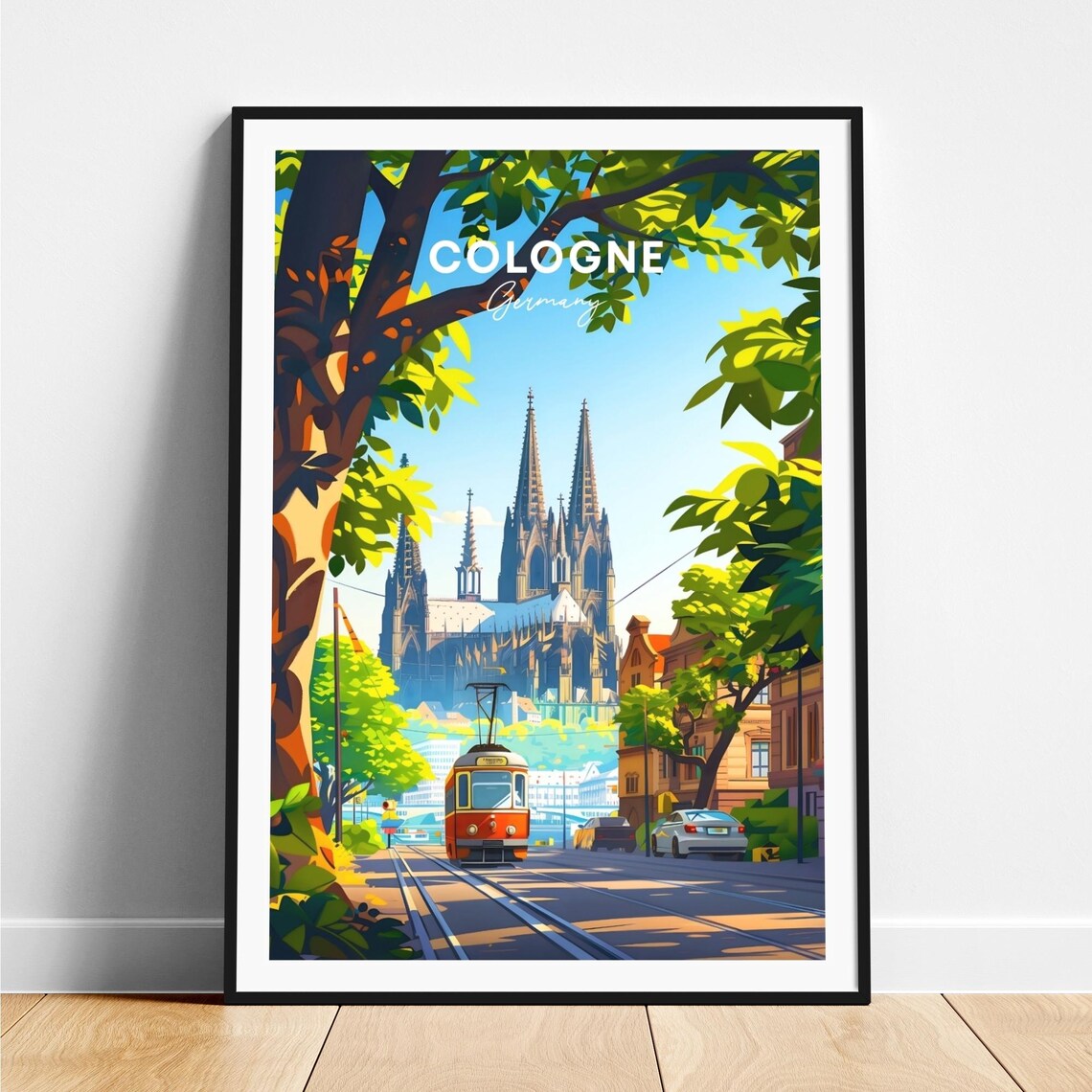 Cologne Cathedral Tram Street Sunny Day Germany Travel Poster