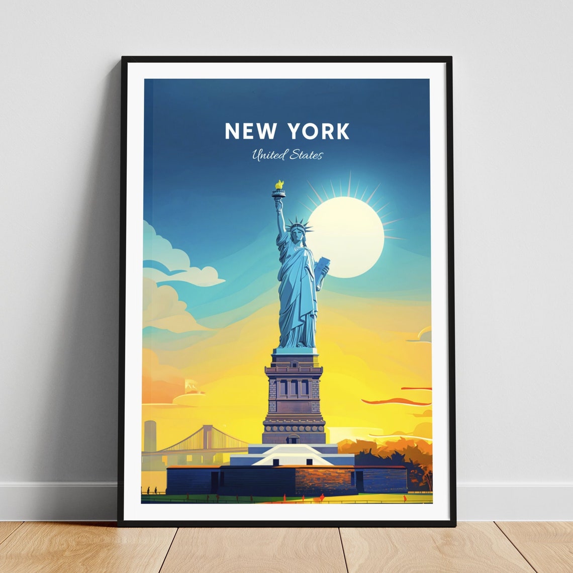 New York Statue of Liberty Sunset Bridge Sky Vintage Travel Poster