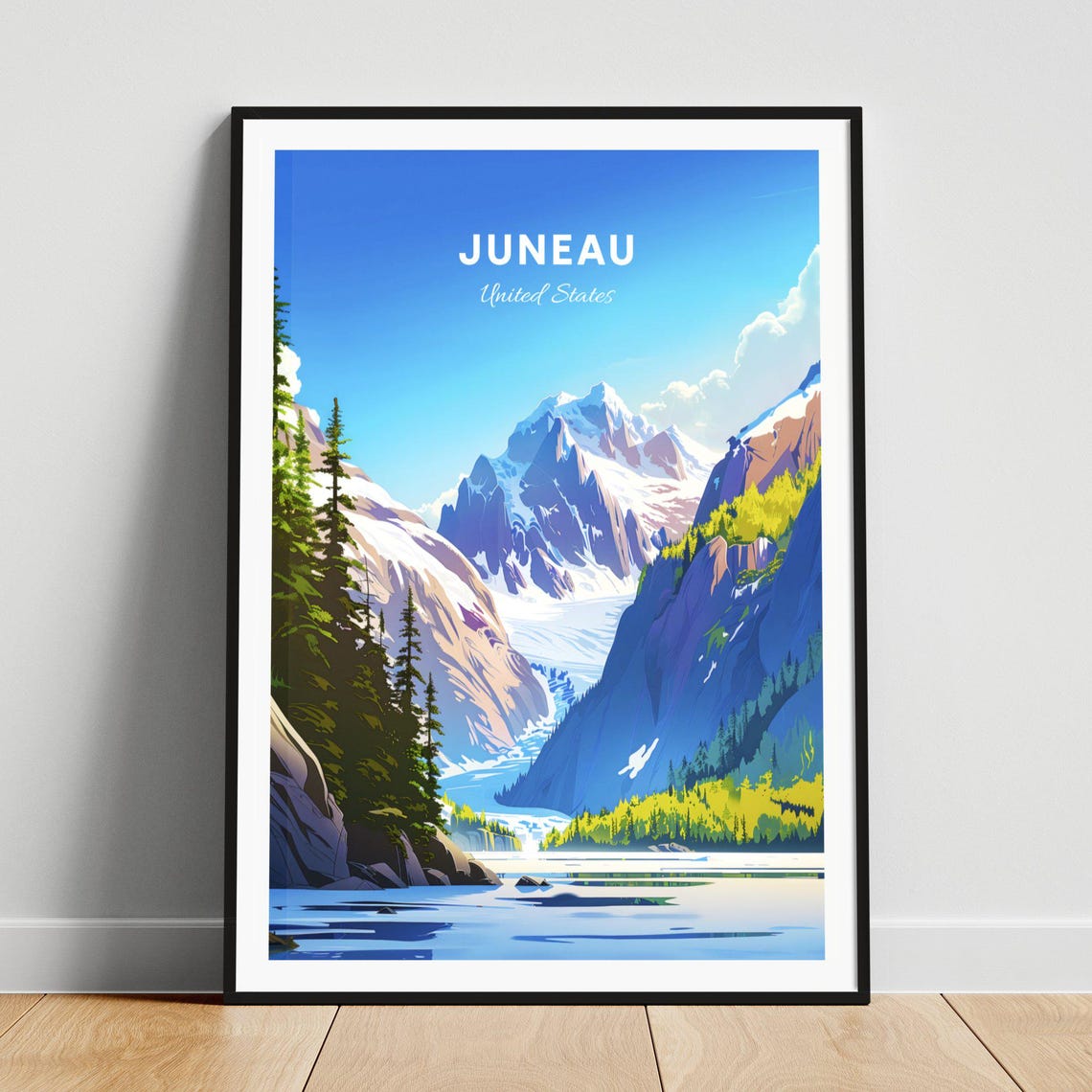 Juneau Alaska Glacier Valley Waterfall Tall Pine Forest Poster