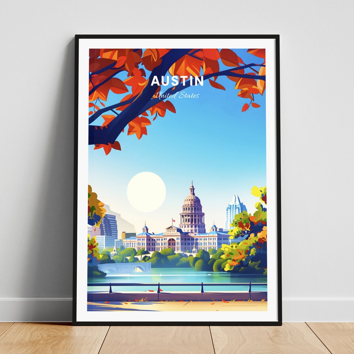Golden Austin Texas State Capitol Across the Autumn Lake Poster