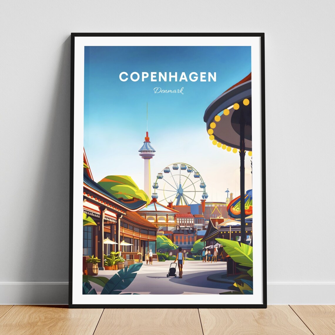Copenhagen Denmark Tivoli Gardens Street Carnival Scene Travel Poster