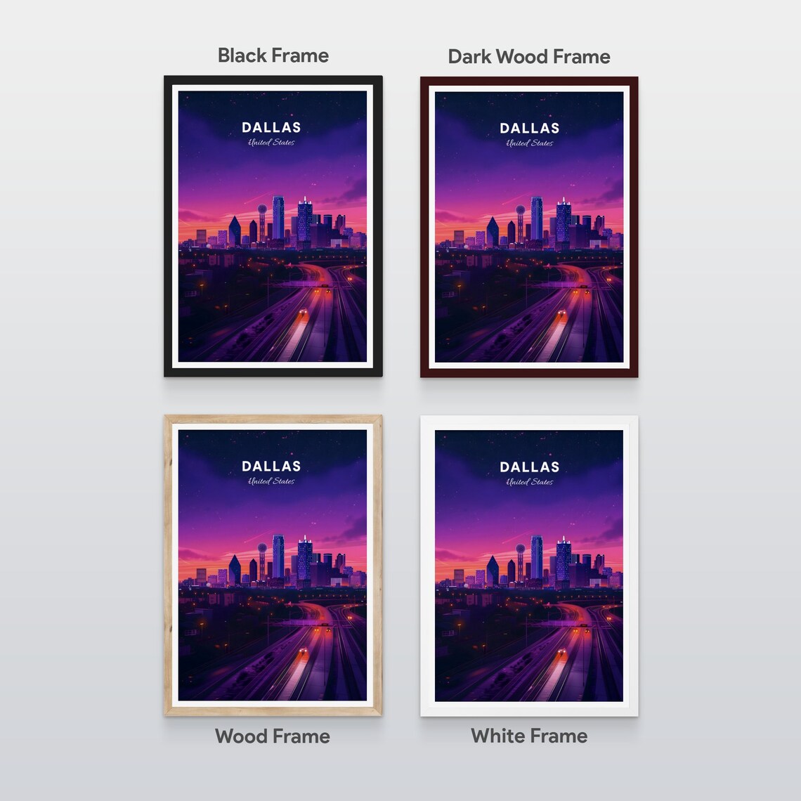 Dallas Reunion Tower at Dusk with Skyline Over the Highway Poster - Image 2