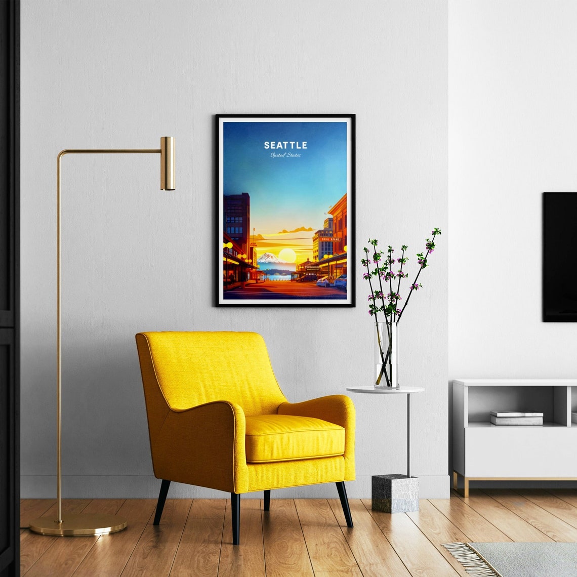 Seattle Washington Mount Rainier Street Sunset Scene Travel Poster - Image 2