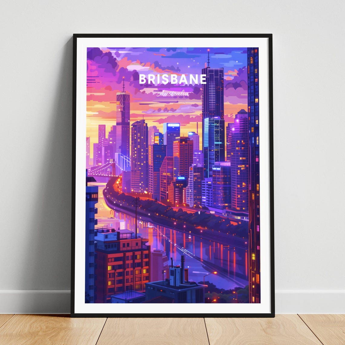Brisbane Australia Night Skyline Neon Lights City Art Poster