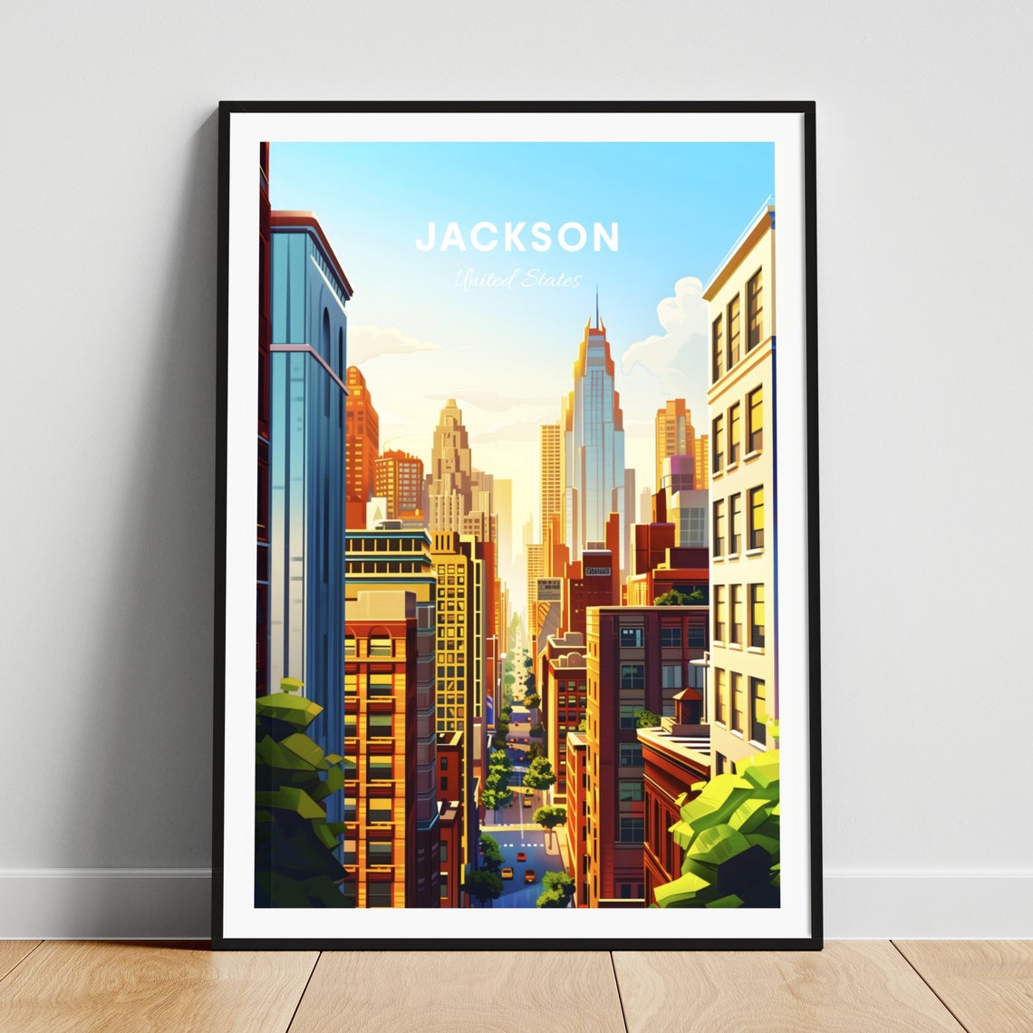 Jackson Street Canyon Skyscrapers Golden Light Travel Poster