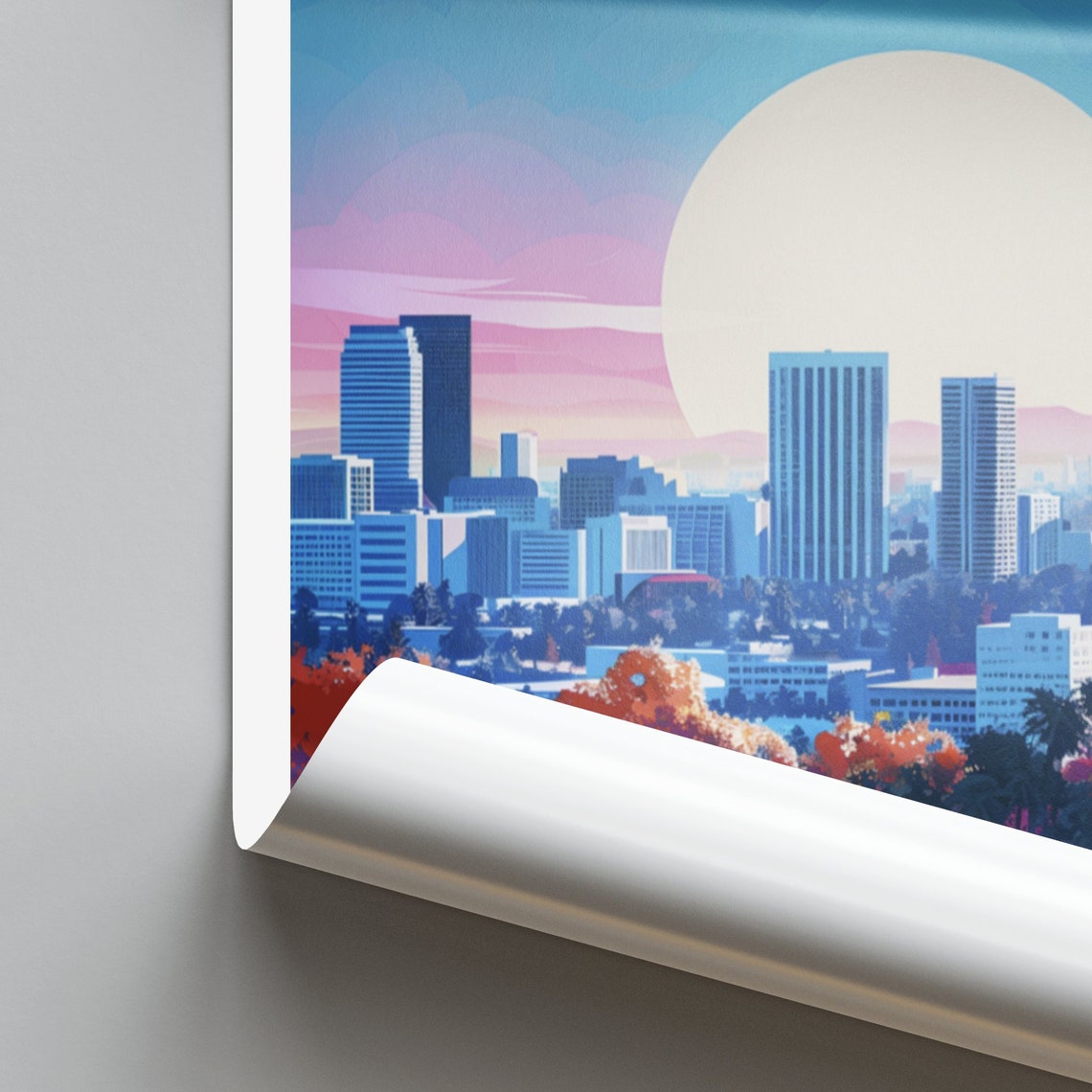 Sacramento City Skyline Daytime Big Sun Blue Pink Sky Poster - Image 2