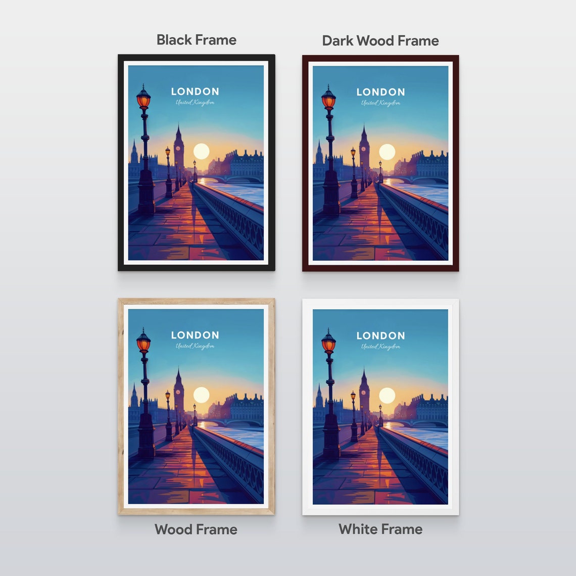 London Big Ben Westminster Bridge Lamp Lit Sunset Travel Poster - Image 2