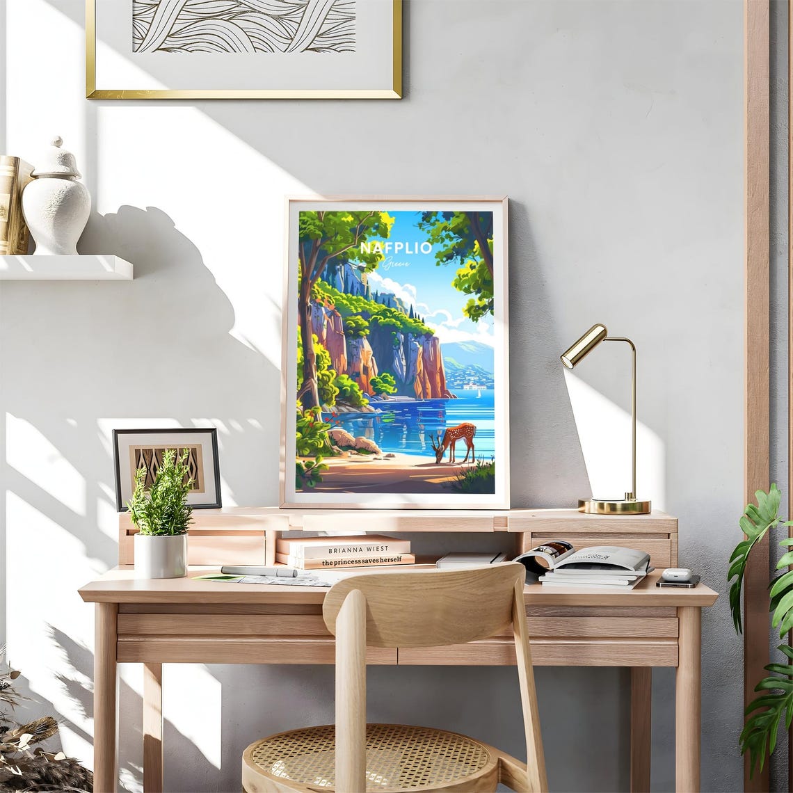 Nafplio Greece Deer Shoreline Cliff Fortress Harbor View Travel Poster - Image 4
