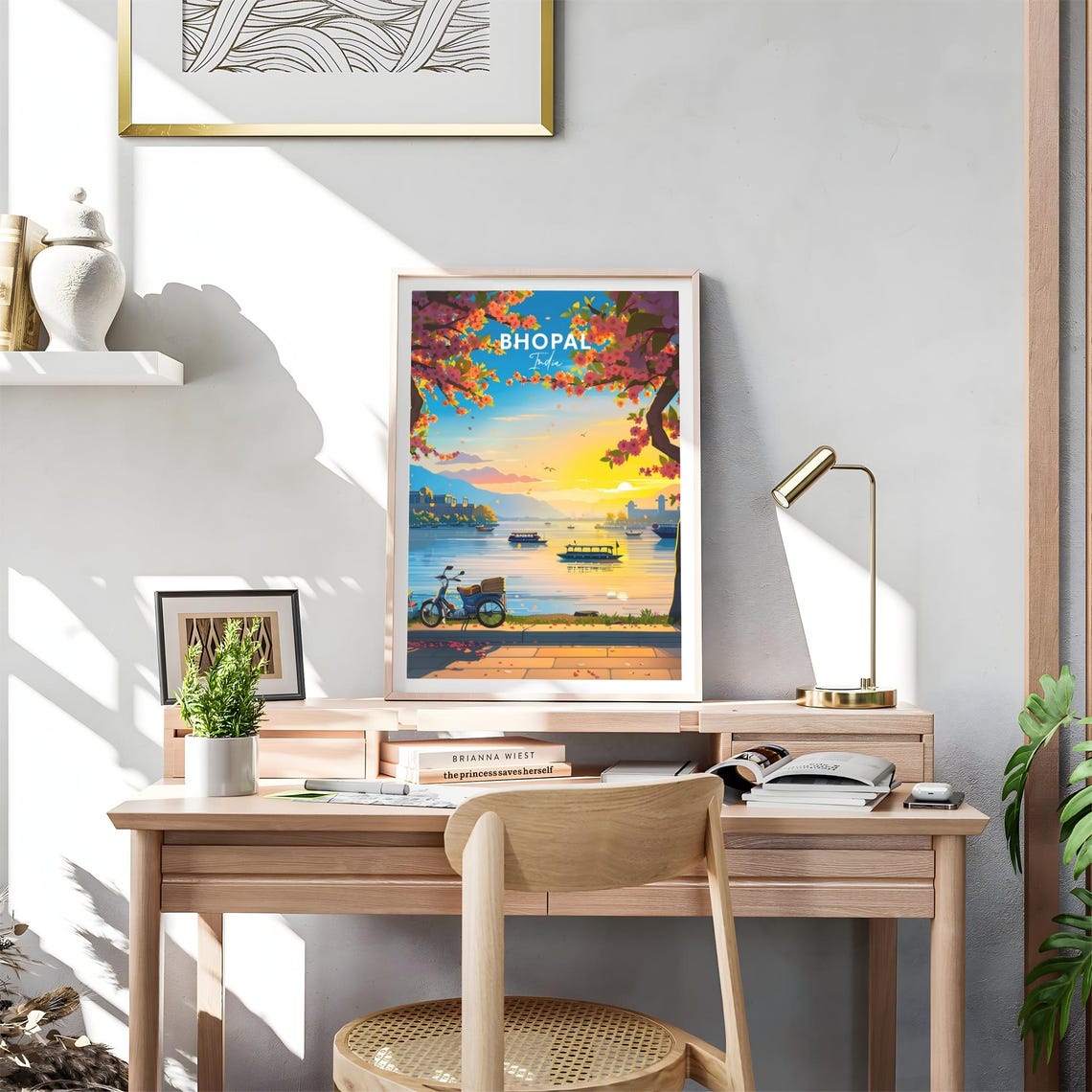 Bright Bhopal India Sunset Lake Boats Under Flowering Trees Poster - Image 4