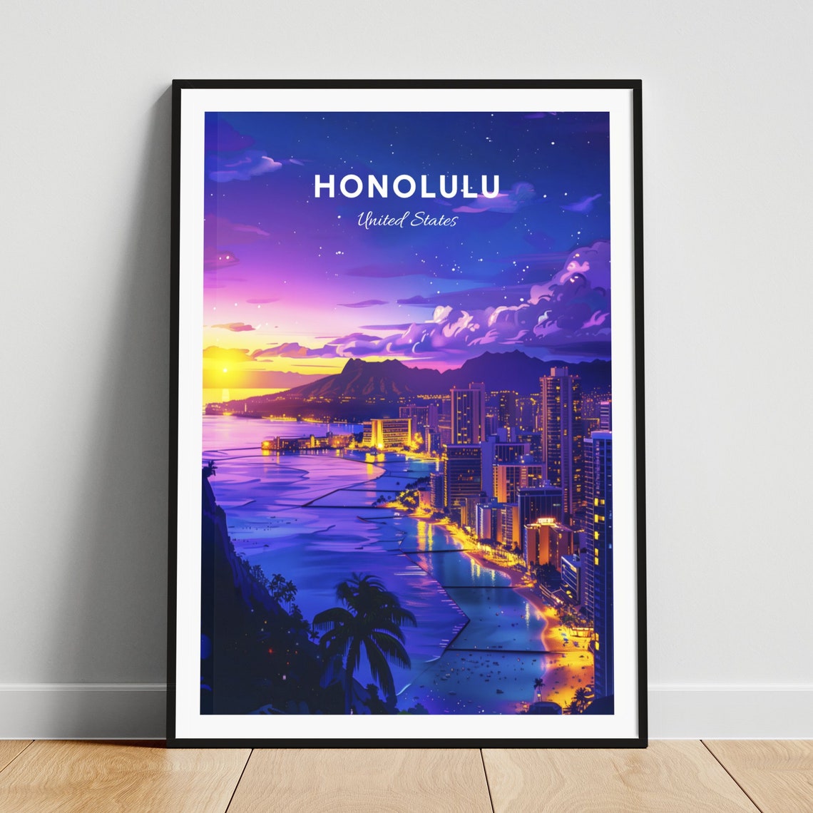 Honolulu Hawaii Waikiki Night Lights Diamond Head Dusk Poster