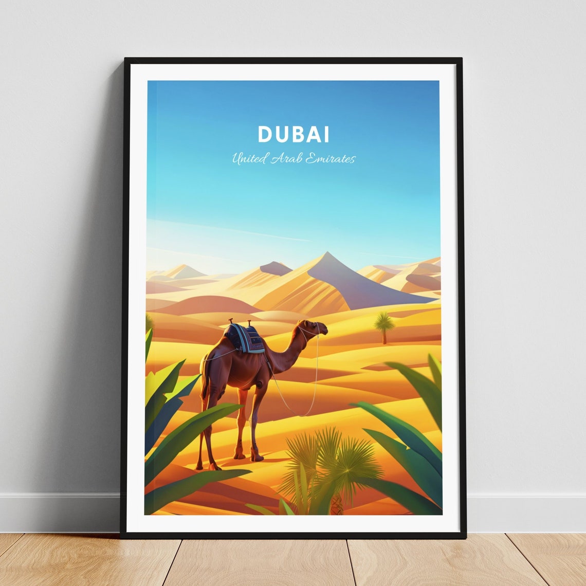 Dubai United Arab Emirates Camel Desert Dunes Palm Trees Travel Poster