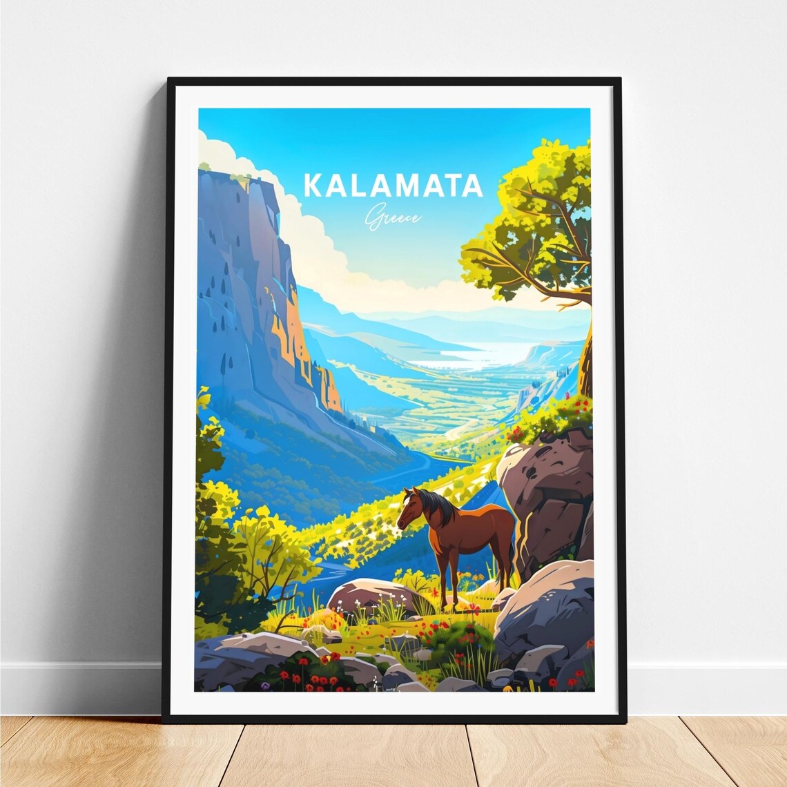 Kalamata Greece Horse Mountain Cliff Meadow Travel Art Poster
