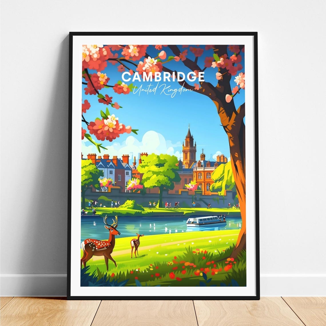 Cambridge England Deer Riverside Blossom Spring Scene Travel Poster