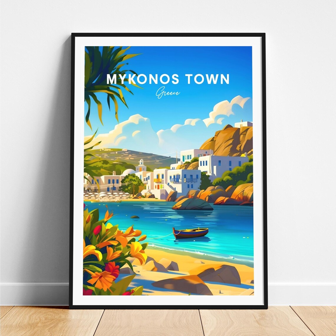Mykonos Town Greece White Houses Turquoise Bay Beach Travel Poster