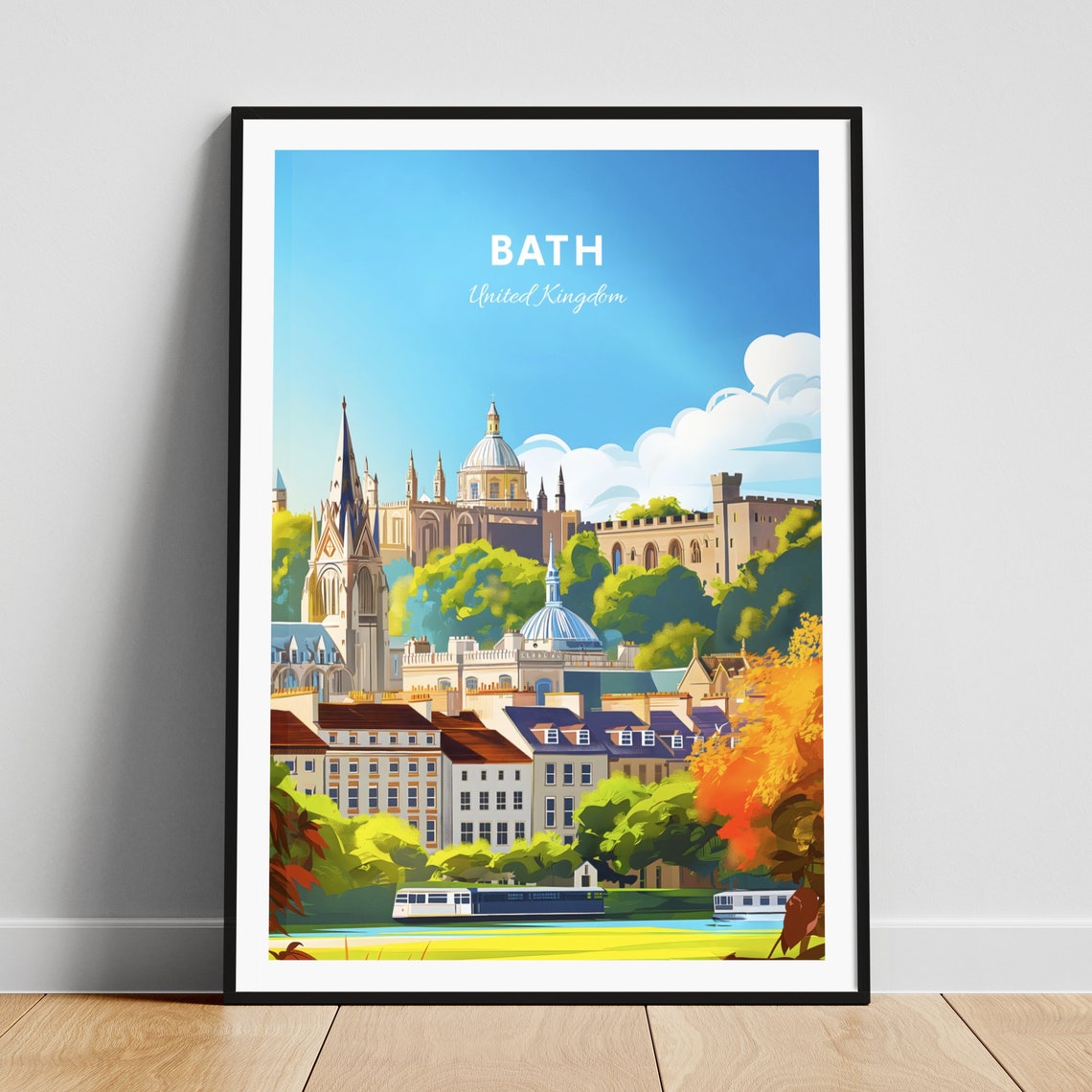 Bath Panoramic Cityscape Abbey Towers Daytime River Travel Poster