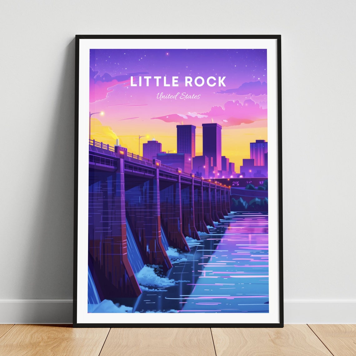 Little Rock Dam Bridge with Waterfalls at Dusk Travel Poster