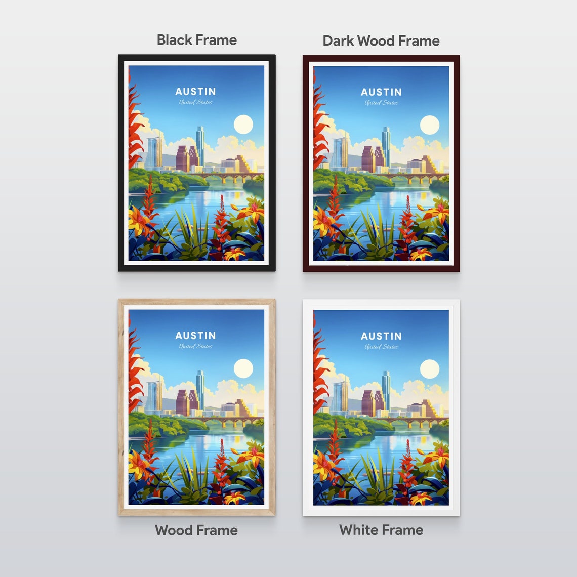 Austin Texas River Bridge Skyline Among Bright Flowers Poster - Image 2