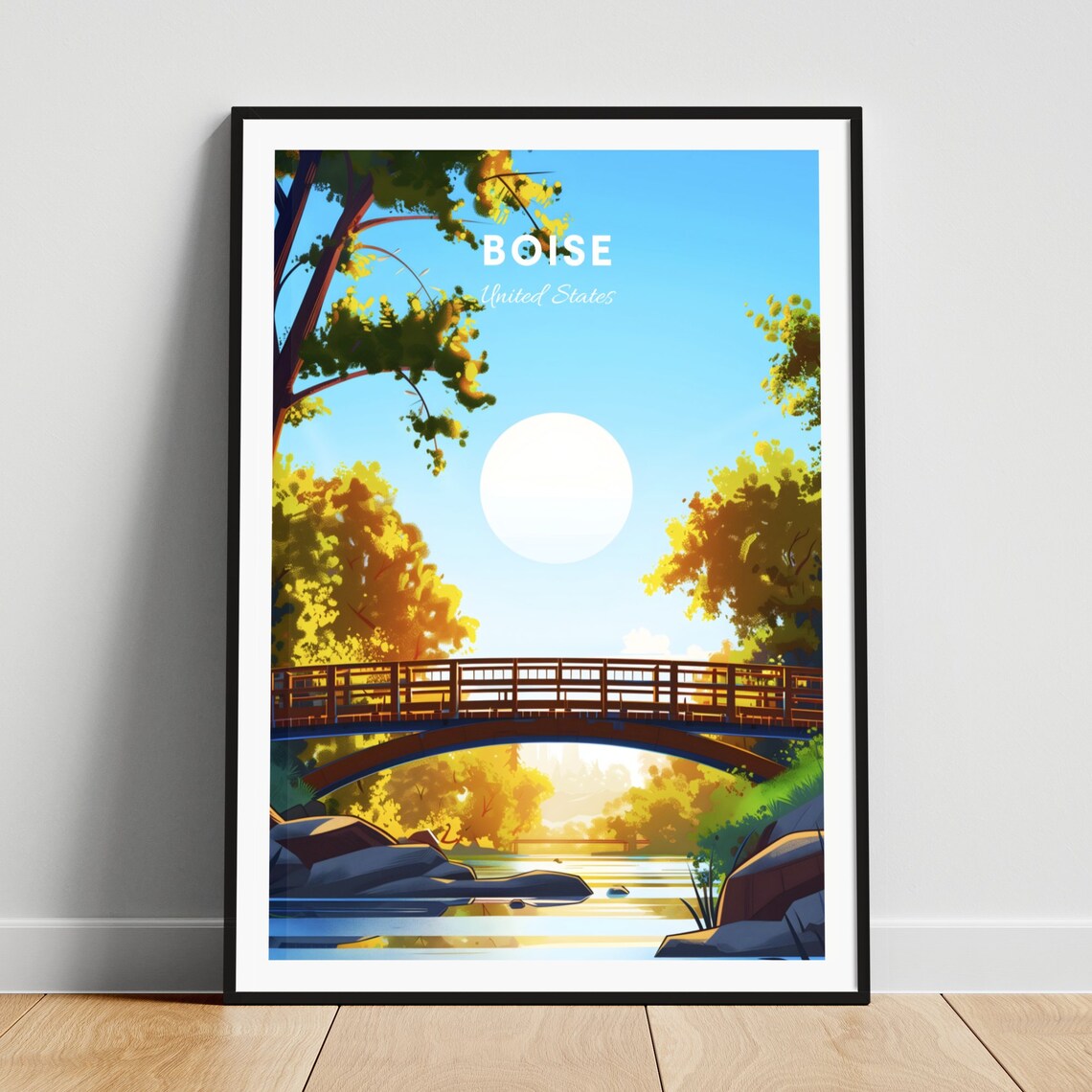 Boise Idaho River Bridge Park Sunshine Nature Day Travel Poster