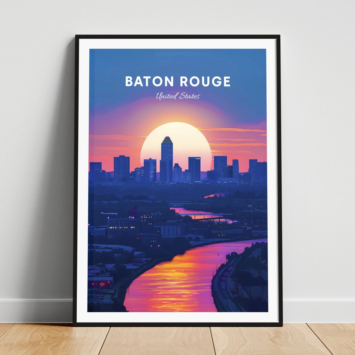 Baton Rouge Sunset Over River Big Sun City Skyline Travel Poster