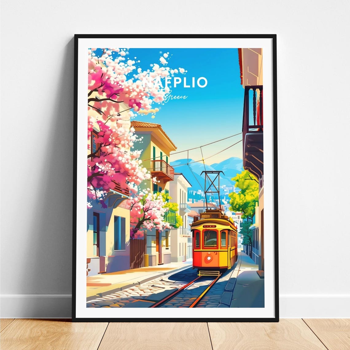 Nafplio Greece Vintage Tram Cherry Blossom Street Travel Poster