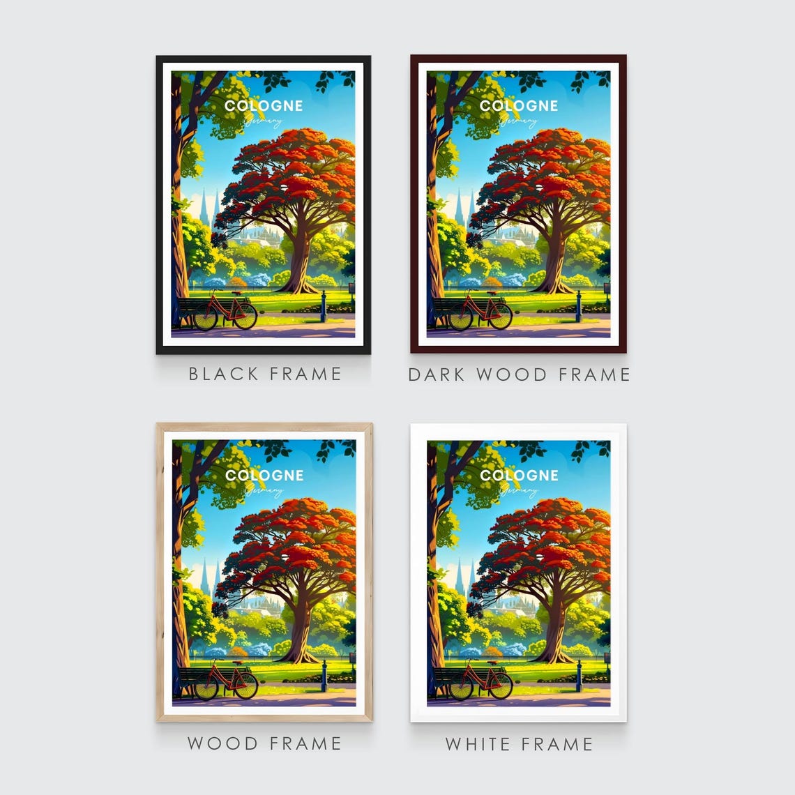 Cologne Sunny Park Autumn Tree Bicycle Germany Travel Poster - Image 3