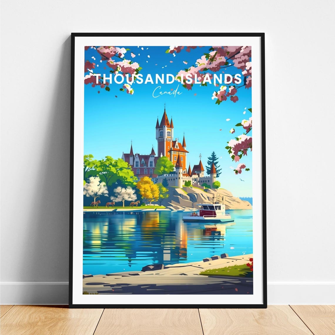 Thousand Islands Canada Island Castle Boat Cherry Blossom Poster