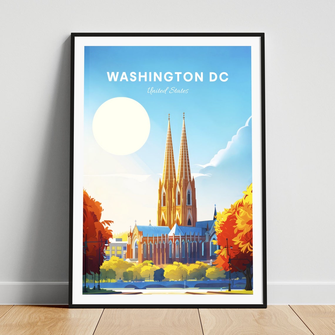Washington DC Gothic Cathedral Twin Spires Autumn Travel Poster