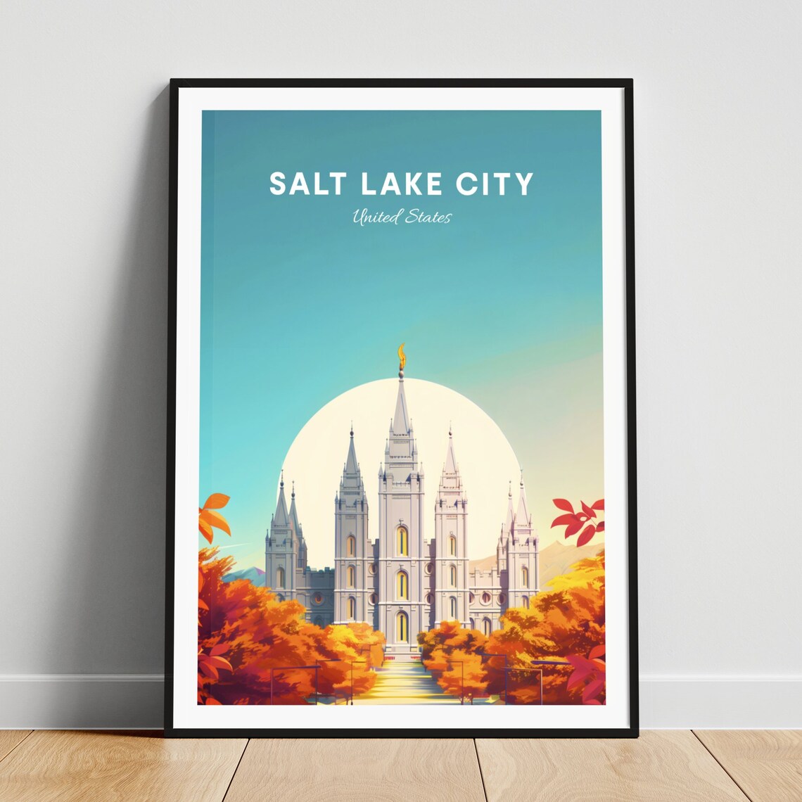 Salt Lake City Temple Autumn Colors Big Sun Travel Art Poster