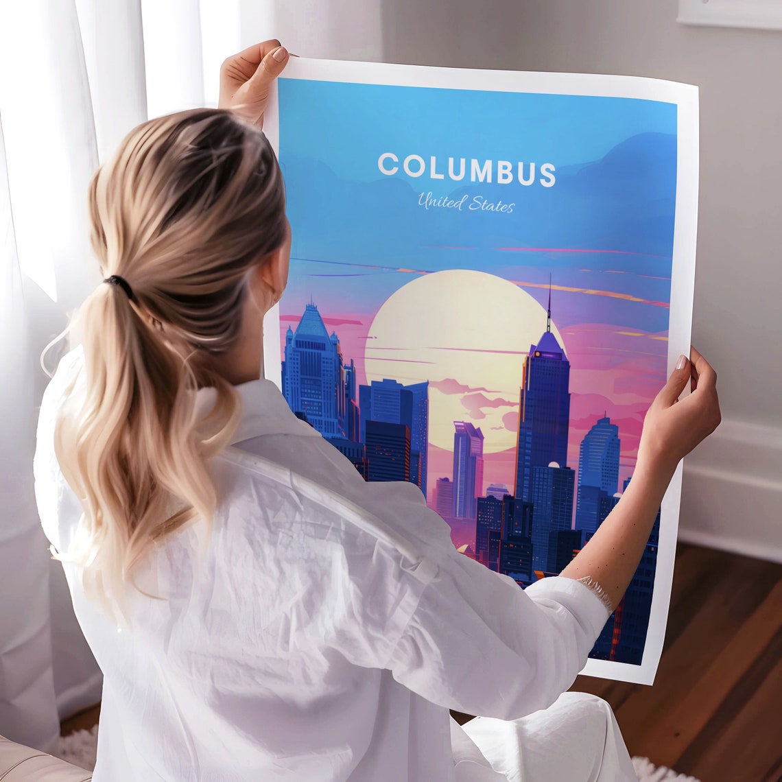 Romantic Columbus Ohio Downtown Street Sunset Giant Moon Poster - Image 3