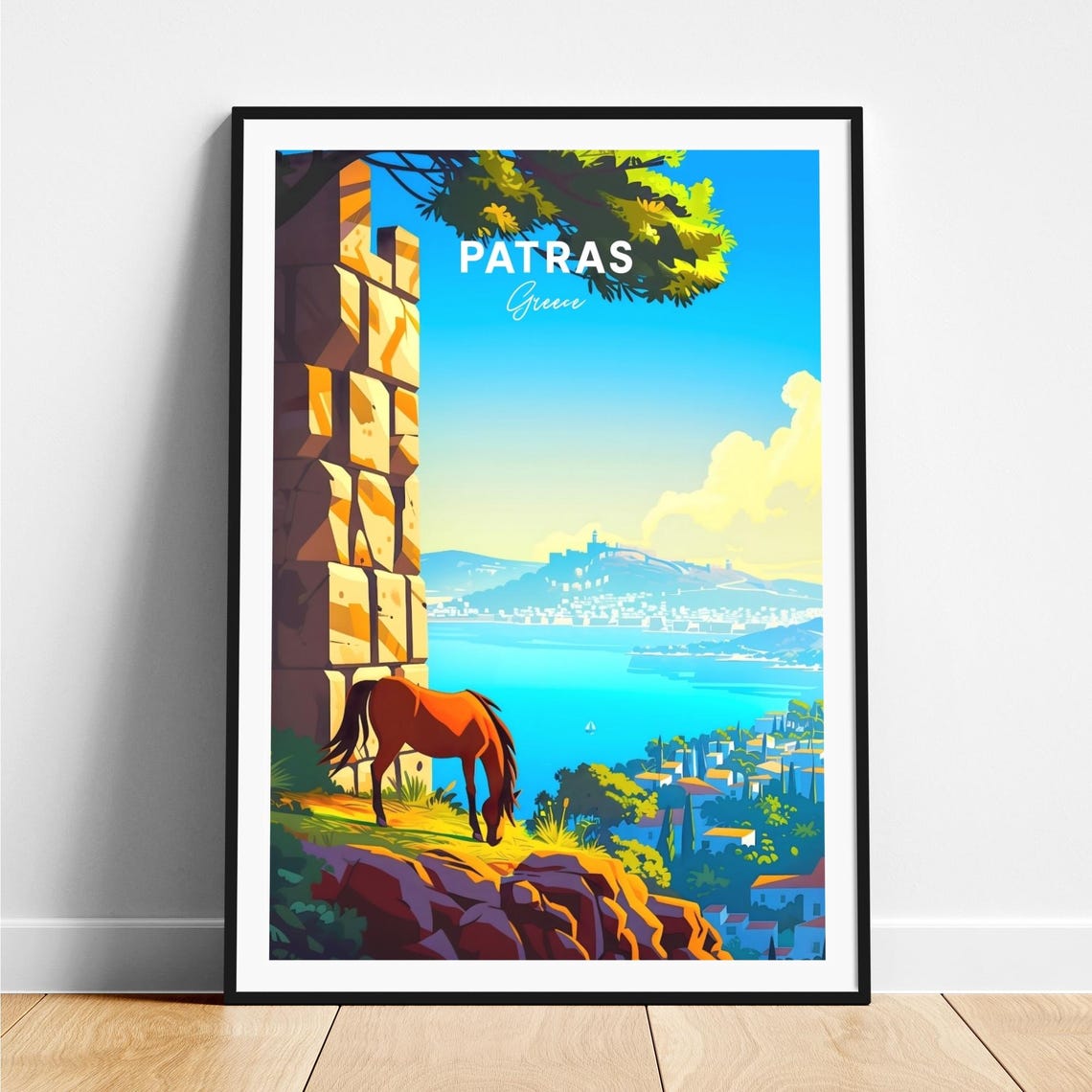 Patras Greece Horse Grazing on Cliff Overlooking the City Poster