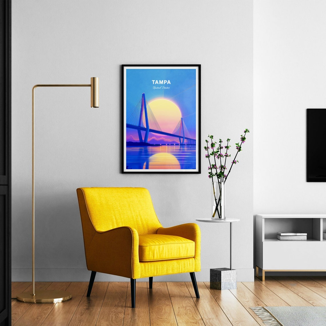 Tampa Bay Cable Stayed Bridge Sunset Over Water Retro Poster - Image 3