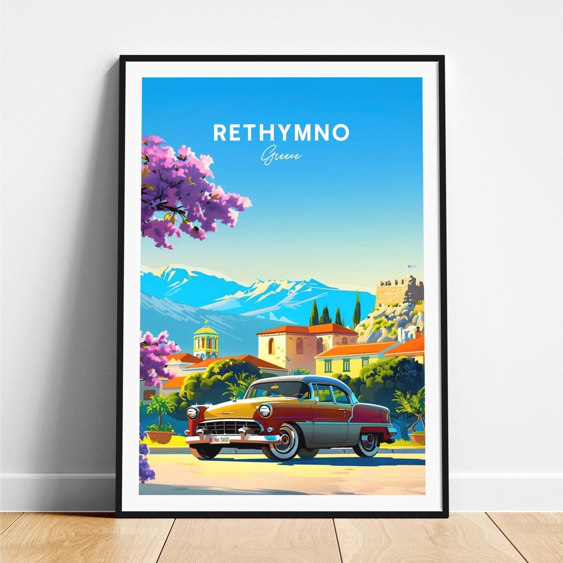 Rethymno Greece Classic Car Town Fortress Hill Travel Poster