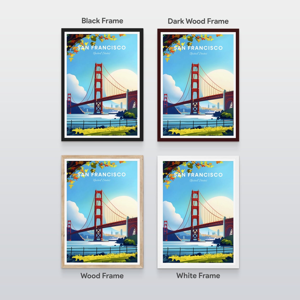 San Francisco Golden Gate Bridge View Through Autumn Leaves Poster - Image 2