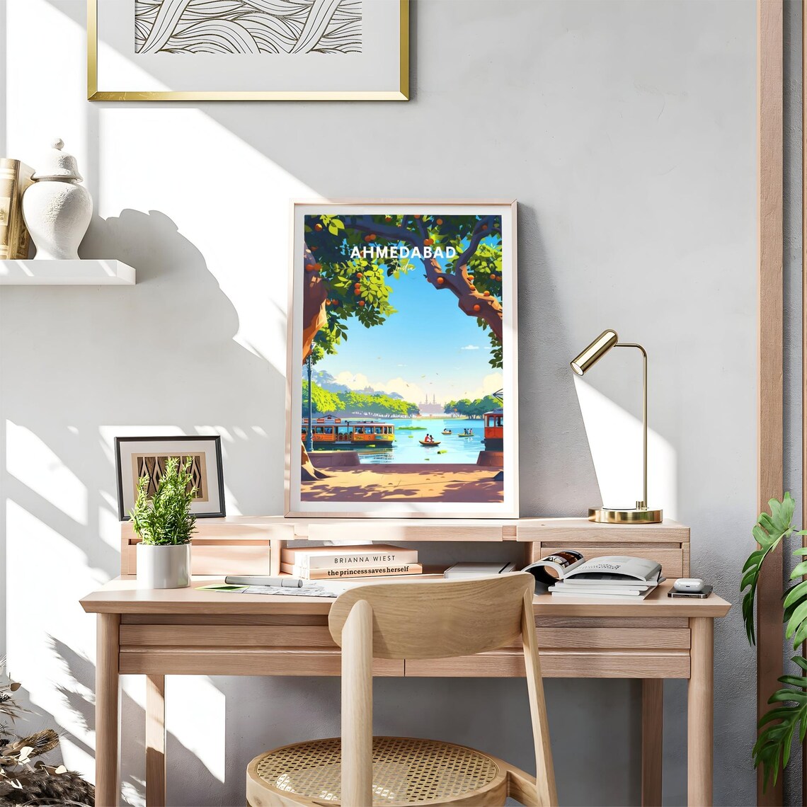 Ahmedabad Lake Houseboat Canoes Orange Tree India Travel Poster - Image 4