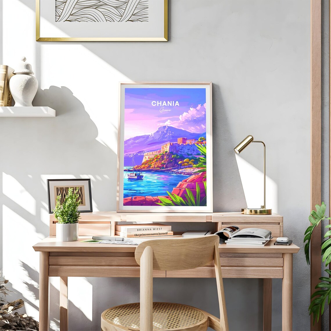 Chania Greece Coastal Fortress Sunset Fishing Boat Travel Poster - Image 4