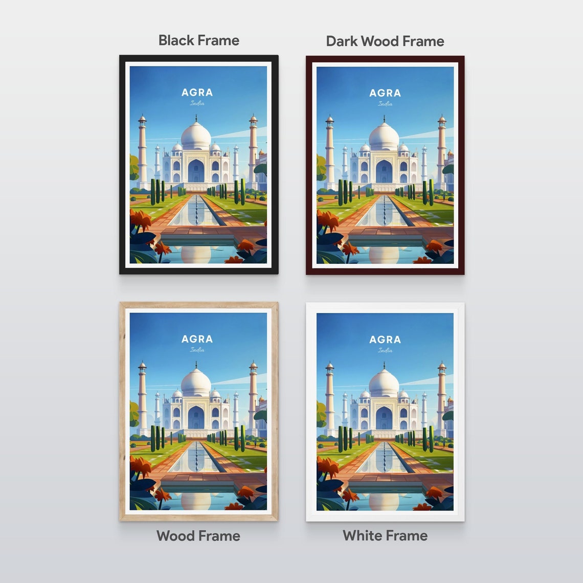 Agra India Taj Mahal Reflection Pool Gardens Sunrise Travel Poster - Image 2