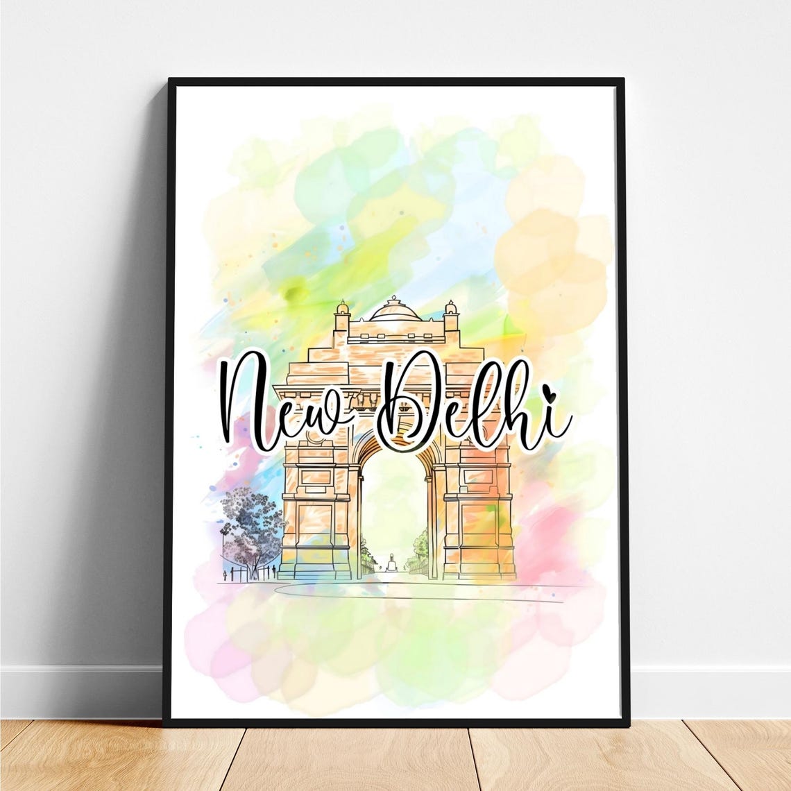 New Delhi India Gate Triumphal Arch Watercolor Landmark Art Poster