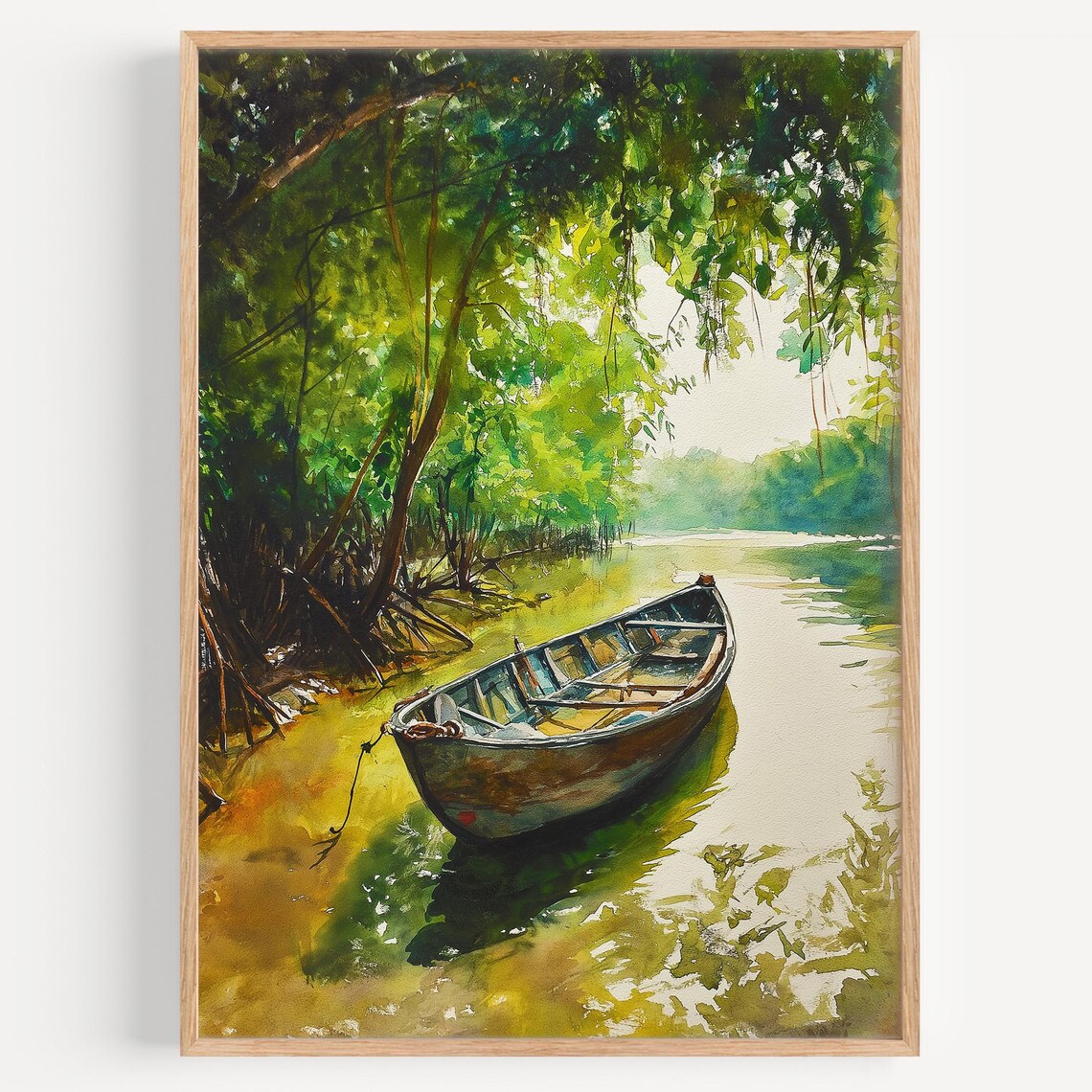 Sundarbans Mangrove River Wooden Boat Serene Watercolor Poster
