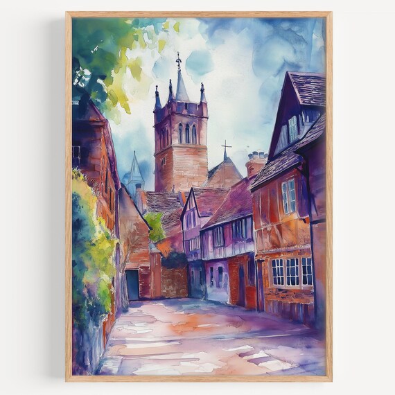St Albans England Old Town Street Church Tower Watercolor Poster