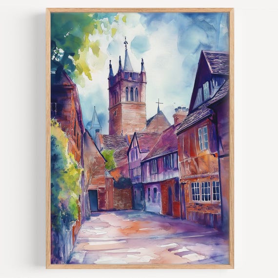 St Albans Watercolor Painting Wall Art Print Uk Travel Poster Decor Illustration Home