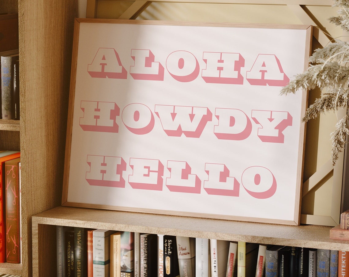 Aloha Howdy Hello Pink Retro Western Typography Quote Wall Art - Image 3